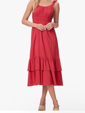 PAIGE Gisela Tiered Hem Midi Dress Red Strawberry Ruffle with Smocked Waist 4